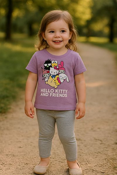 TRENDİMİZBİR Girl's Cute Characters Printed Lilac Short Sleeve T-Shirt Gray Leggings Bottom Top Set