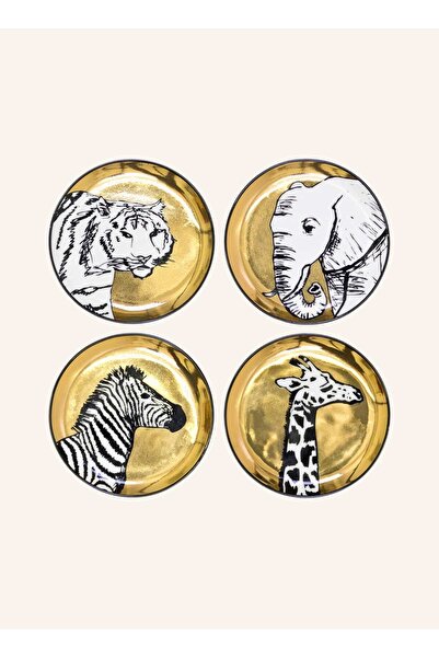 Jonathan Adler Animalia Set of 4 Coasters 10 Cm, Porcelain Gold Detailed