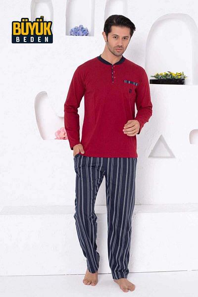 ALİMER Claret Red Large Size Striped Men's Pajamas Set 1191UYB