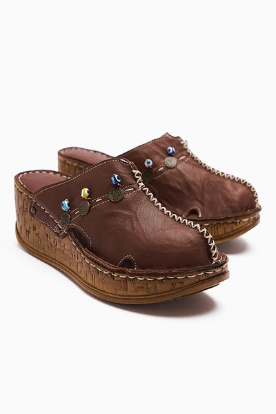 Limoya Genuine Leather Annika Soil Antique Detailed Wedge Sabo Women's Slippers