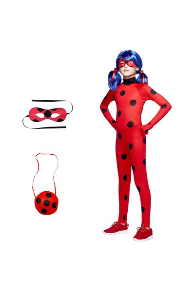 EvrikaUnity Costum Buburuza Miraculoasa pentru copii, Set cu masca si geanta, EvrikaUnity®, 7-8 ani, 150 cm, Roz