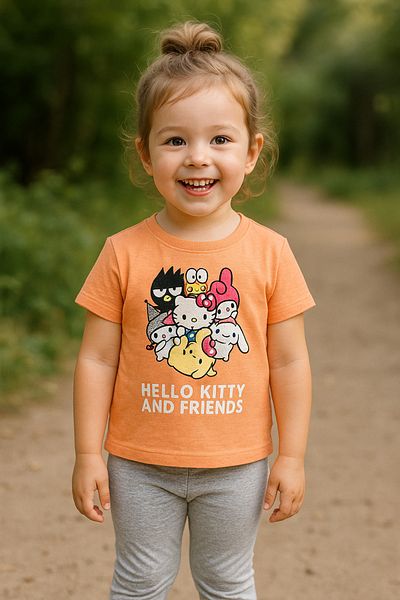 TRENDİMİZBİR Girl's Cute Characters Printed Orange Short Sleeve T-Shirt Gray Leggings Bottom Top Set