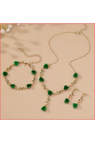 modares Rose Gold Plated Crystal Stone Necklace Earrings Bracelet Set Gift Set Gift for Lover Rose Flower Roses
