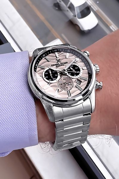 Daniel Klein Men's Wristwatch 3 Atm Waterproof Silver Color Steel Strap + Natural Stone Bracelet Elg553