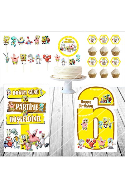 SİYAH PARTİ EVİ 6 Yaş Sünger Bob Doğum Günü Pasta Süsü Ayaklı Pano Seti