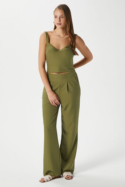 Ritnice Women's Cupra Cool Texture Waist Elastic Khaki Palazzo Pants