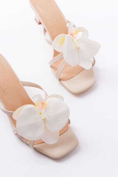 serkanseyyid S-622 Beige Orchid Detailed Thin Heeled Women's Slippers