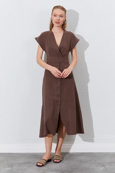 EDITION WOMAN Double Breasted Collar Skirt Buttoned Modal Dress - Brown |   28-1871