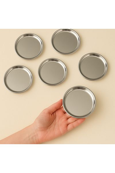 Fiyakalı Ürünler Atölyesi 6 Pieces 12 cm Silver Round Stainless Steel, Turkish Delight Bowl, Treat Bowl, Pastry Serving, Coffee Cup Mat
