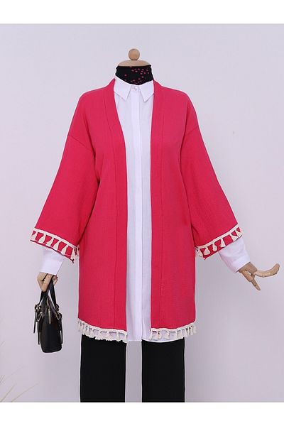 HİJABAYA Crinkle Kimono with Lace Waist, Tassels on Sleeves and Skirt