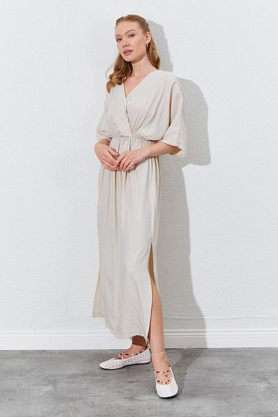 EDITION WOMAN Low Sleeve Long Dress with Slits on the Sides - Stone |   28-4908