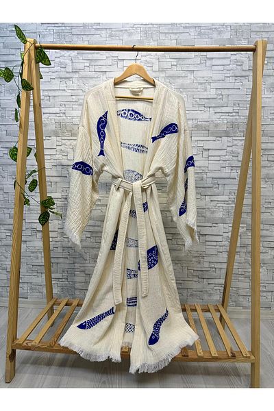 Befera Design Muslin Kimono 100% Cotton Fish Printed Patterned Bathrobe Kaftan Dressing Gown