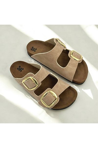 ELAIA SHOES LUNA Γυναικείες Παντόφλες Άνετες Ανατομικές Καθημερινές Διπλές Πόρπες Μπεζ