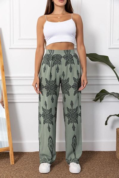 Namaste Vintage Green Elastic Waist Ethnic Pattern Loose Wide Leg Viscose Pants