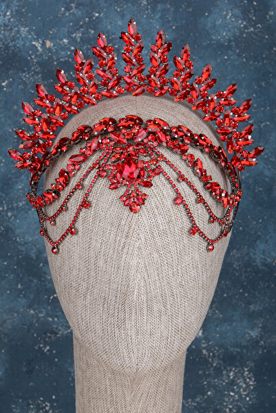 Hayalperest boncuk Elenora Red Color Bridal Crown Henna Wedding Dangle Hair Accessory