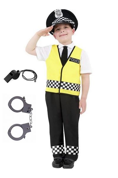 EvrikaUnity Policeman Costume for Children, Set with Cap, Handcuffs and Whistle,, 4-6 years, 120-130 cm, Yellow/Black