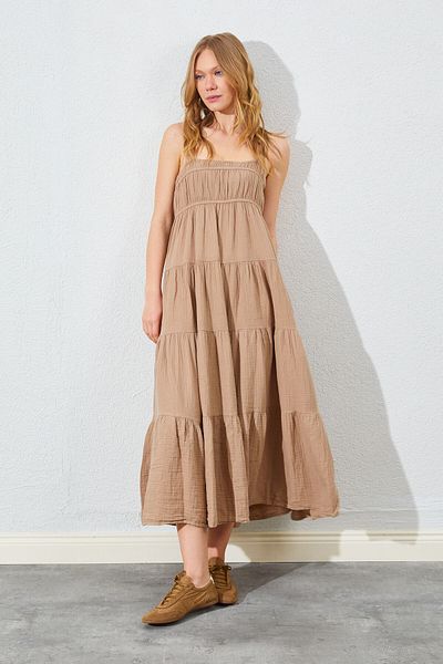 Manche Casual Muslin Women's Dress with Straps - Stone |   28-9744