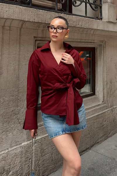 Swist Burgundy Double Breasted Laced Double Cuff Women's Shirt