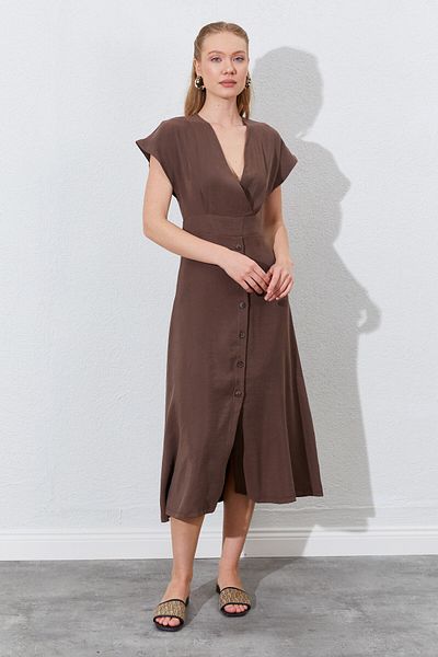 EDITION WOMAN Double Breasted Collar Skirt Buttoned Modal Dress - Brown |   28-1871
