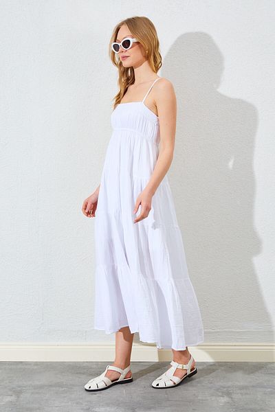 Manche Casual Muslin Women's Dress with Straps - White |   28-9744