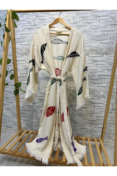 Befera Design Muslin Kimono 100% Cotton Fish Printed Patterned Bathrobe Kaftan Dressing Gown