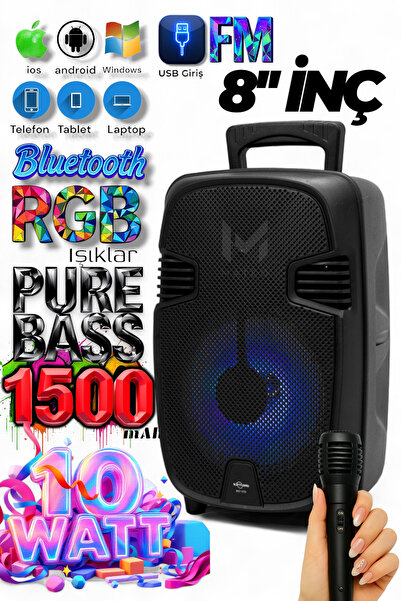 MATEO 8 inç RGB Işıklı Bluetooth Hoparlör Mikrofonlu 10W 1500mAh Karaoke FM USB TF Kart Girişli