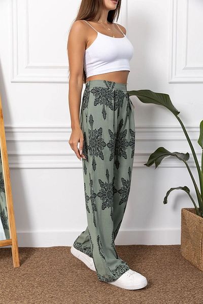 Namaste Vintage Green Elastic Waist Ethnic Pattern Loose Wide Leg Viscose Pants