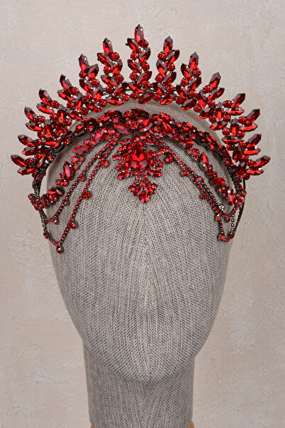 Hayalperest boncuk Elenora Red Color Bridal Crown Henna Wedding Dangle Hair Accessory