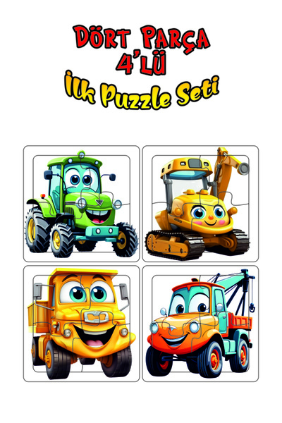 Leelii Tasarım Sevimli İş Makinaları İlk Puzzle Traktör, Kamyon, Çekici, Ekskavatör Ahşap Puzzle 4 Parça 4'lü Set