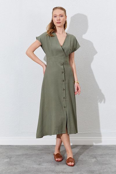 EDITION WOMAN Double Breasted Collar Skirt Buttoned Modal Dress - Çağla |   28-1871