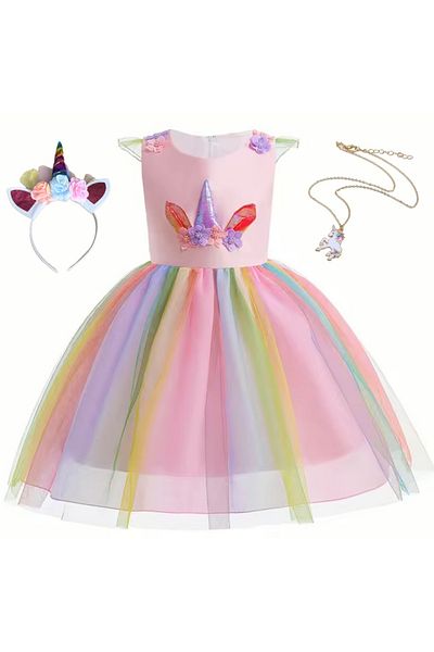 EvrikaUnity Unicorn Dress for Girls, Set with Headband and Necklace, EvrikaUnity®, 3-4 years, 110 cm, Pink