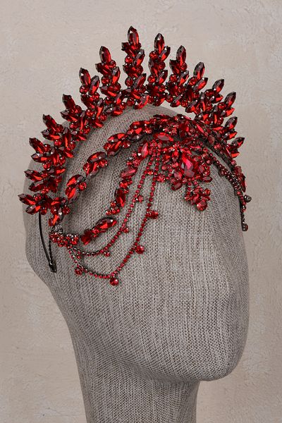Hayalperest boncuk Elenora Red Color Bridal Crown Henna Wedding Dangle Hair Accessory