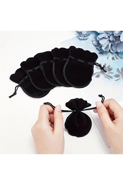 666 5Adet İthal Siyah Kadife Kese 9.5x7.5cm OrtaBoy 1.kalite Dokuma İpli Yuvarlak Büzgülü Altın Kesesi