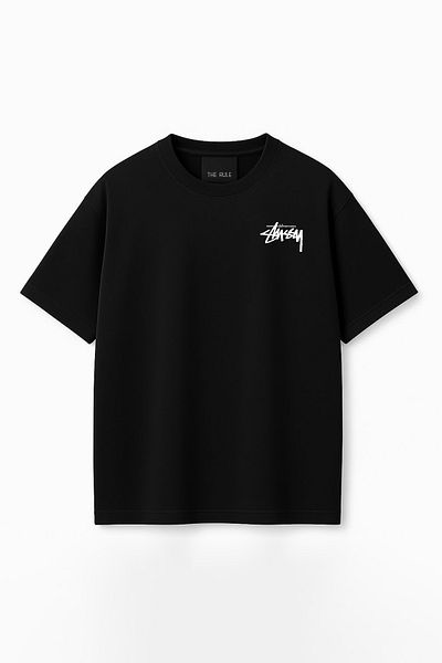 THE RULE Unisex Stüssy Dice Printed Oversize 100% Cotton Wide Cut Textured Crew Neck Black T-Shirt Rf0511