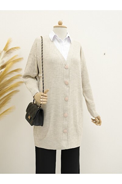 HİJABAYA Μακριά πλεκτή ζακέτα με κουμπιά με ραβδώσεις