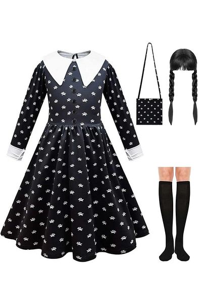 EvrikaUnity Wednesday Dress for Girls, Set with Wig, Bag and Socks, 3-4 years, 110 cm, Black/White