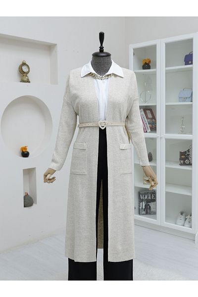 HİJABAYA Long Knitwear Cardigan with Pockets and Slits