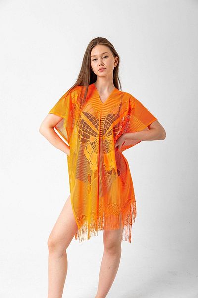 BALIENTE Orange Butterfly Patterned Mesh Women's Pareo Beach Dress