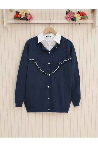 HİJABAYA Frilly Front Pearl Buttoned Knitwear Cardigan