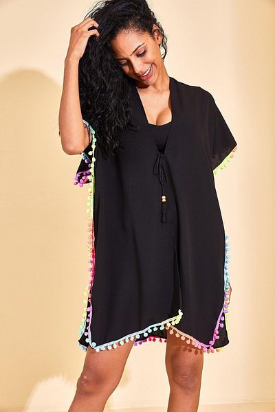 MARBERRY Black Color Tassel Detailed Women's Pareo Beach Dress