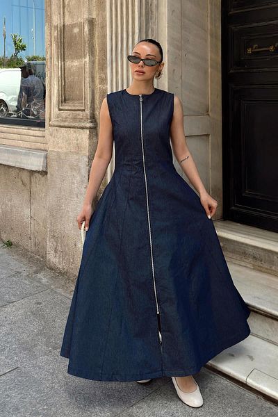 Swist Navy Blue Full Zipper Zero Sleeve Women's Denim Midi Dress