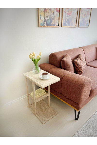 Pratic Home Traverten Yan Sehpa C Sehpa Tekli Zigon Sehpa Laptop Sehpa Traver...