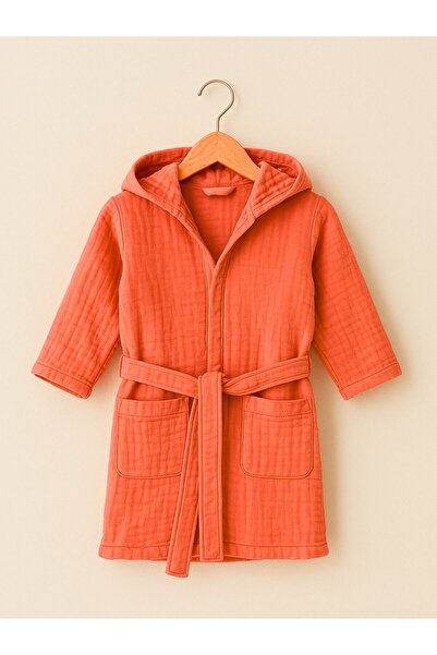 Hazel Coral Çocuk & Bebek Bornozu Kapüşonlu Kiremit Rengi