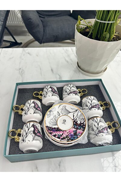 Yukar 6 Kişilik Kelebek ve Çiçek Desenli Fincan Takımı 12 Parça