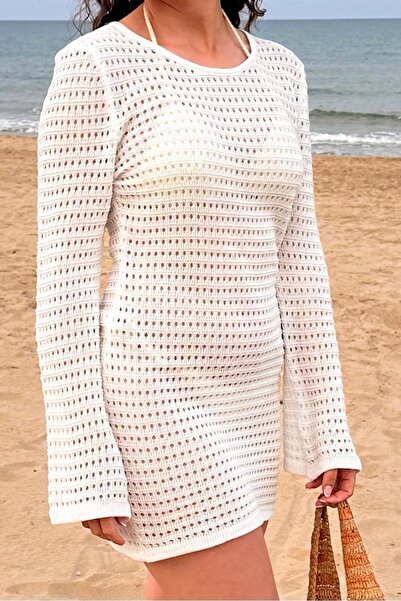 CHUBA Γυναικείο ισπανικό μανίκι διάτρητο μίνι πλεκτό φόρεμα παραλίας λευκό Cw25s3025