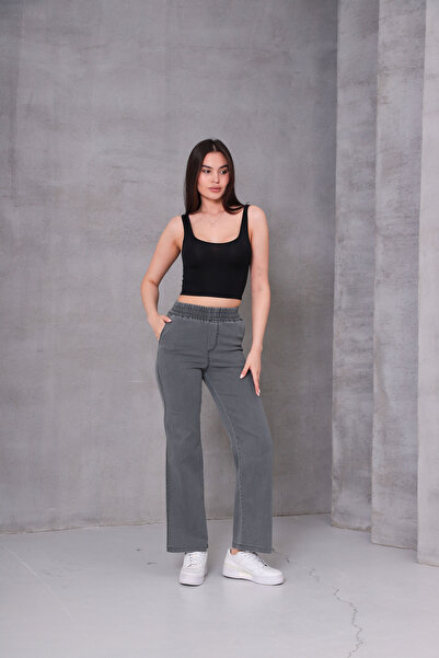 GÜLİZİM BUTİK  Gülizim Butik Gri Kadın Beli Lastikli Yüksek Bel Likralı Büyük-küçük Beden Jeans