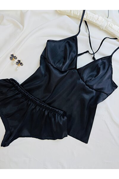 ROZENİN LINGERIE Satin Backless Strappy Hipster Shorts Nightgown Pajama Set (...