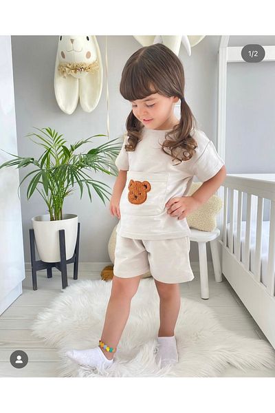 Purenestore Children's Teddy Bear Embroidered Shorts T-Shirt Set