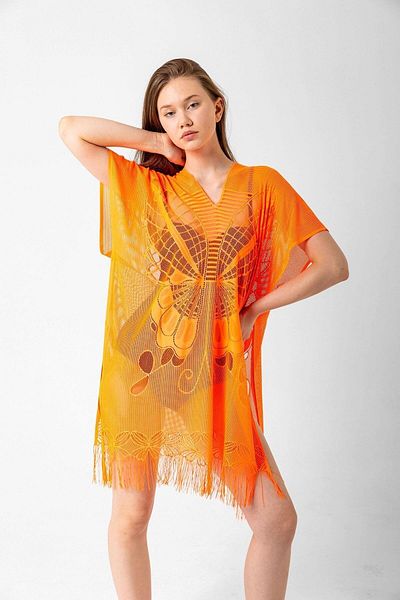 BALIENTE Orange Butterfly Patterned Mesh Women's Pareo Beach Dress
