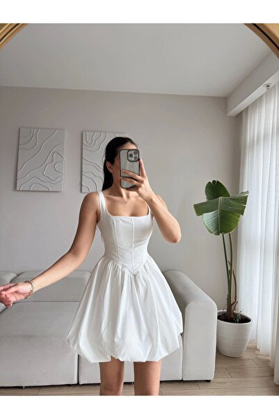 Zoom Butik Bel Korse Balon Etek Elbise - BEYAZ